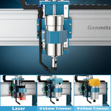 Close-up of a blue and silver Genmitsu 3030-PROVer Ultra desktop CNC router spindle with three smaller images showing laser, 65mm trimmer, and 69mm trimmer attachments.