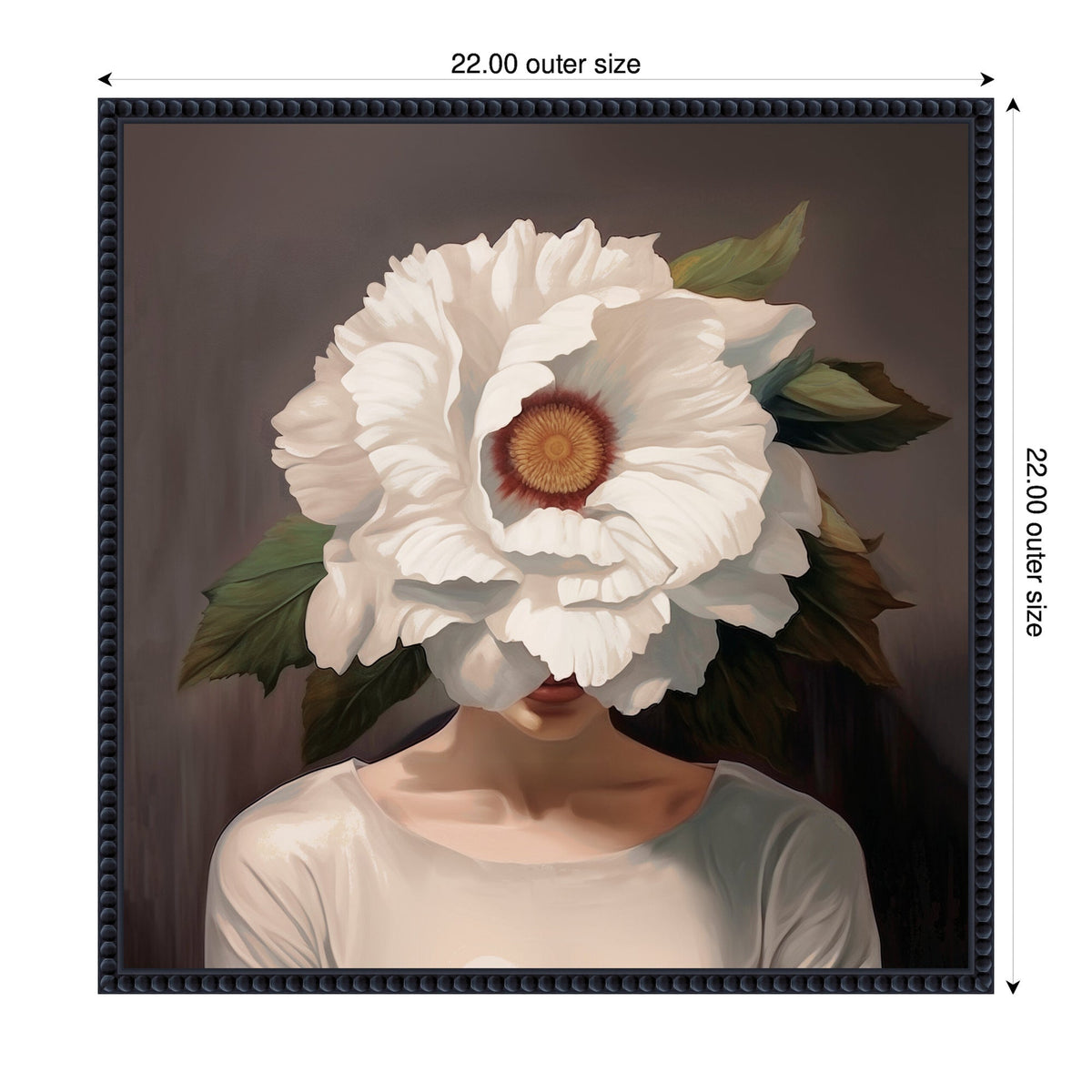 Portrait of a woman with a large white flower obscuring her face, surrounded by green leaves, set against a muted dark background with a black frame.