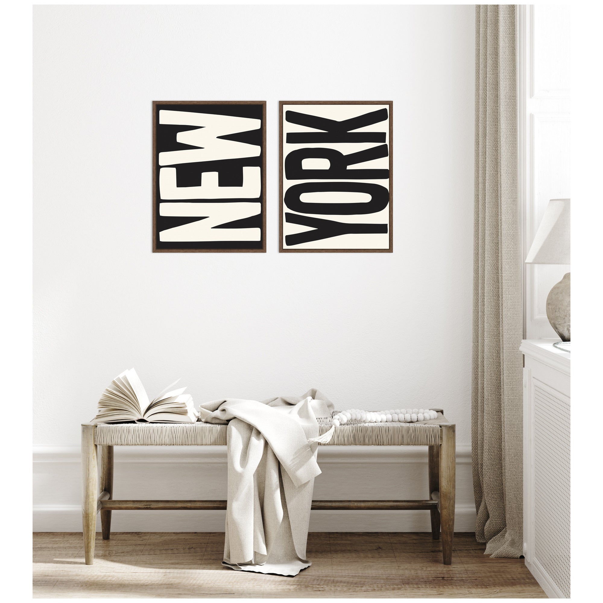 New York Set Print Travel City Typography Black and White 2 Piece Framed Canvas Wall Art Set by Lucky Guava