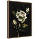 Framed canvas painting of a white peony with green leaves against a dark background, featuring soft brush strokes and a textured gold frame.