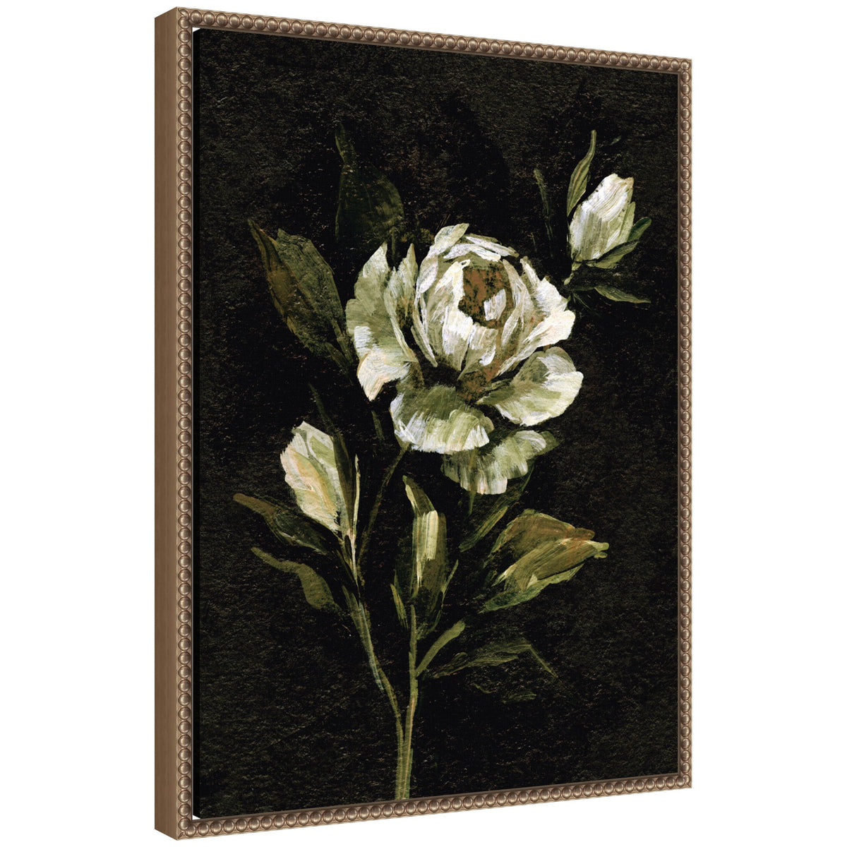 Framed canvas painting of a white peony with green leaves against a dark background, featuring soft brush strokes and a textured gold frame.