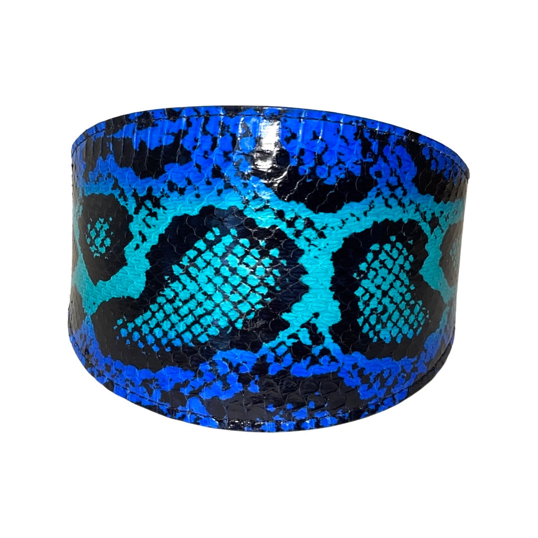 Electric/Turquoise Blue and Black snake patterned wide collar by Allysa Payne Beverly Hills