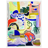 Abstract painting with curving shapes and blocks of green, red, blue, yellow, and purple, featuring organic forms and a loose, layered composition in a white frame.
