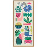 Tall narrow canvas featuring stylized plants in colorful pots with abstract, geometric shapes in pink, blue, green, and yellow on a cream background.