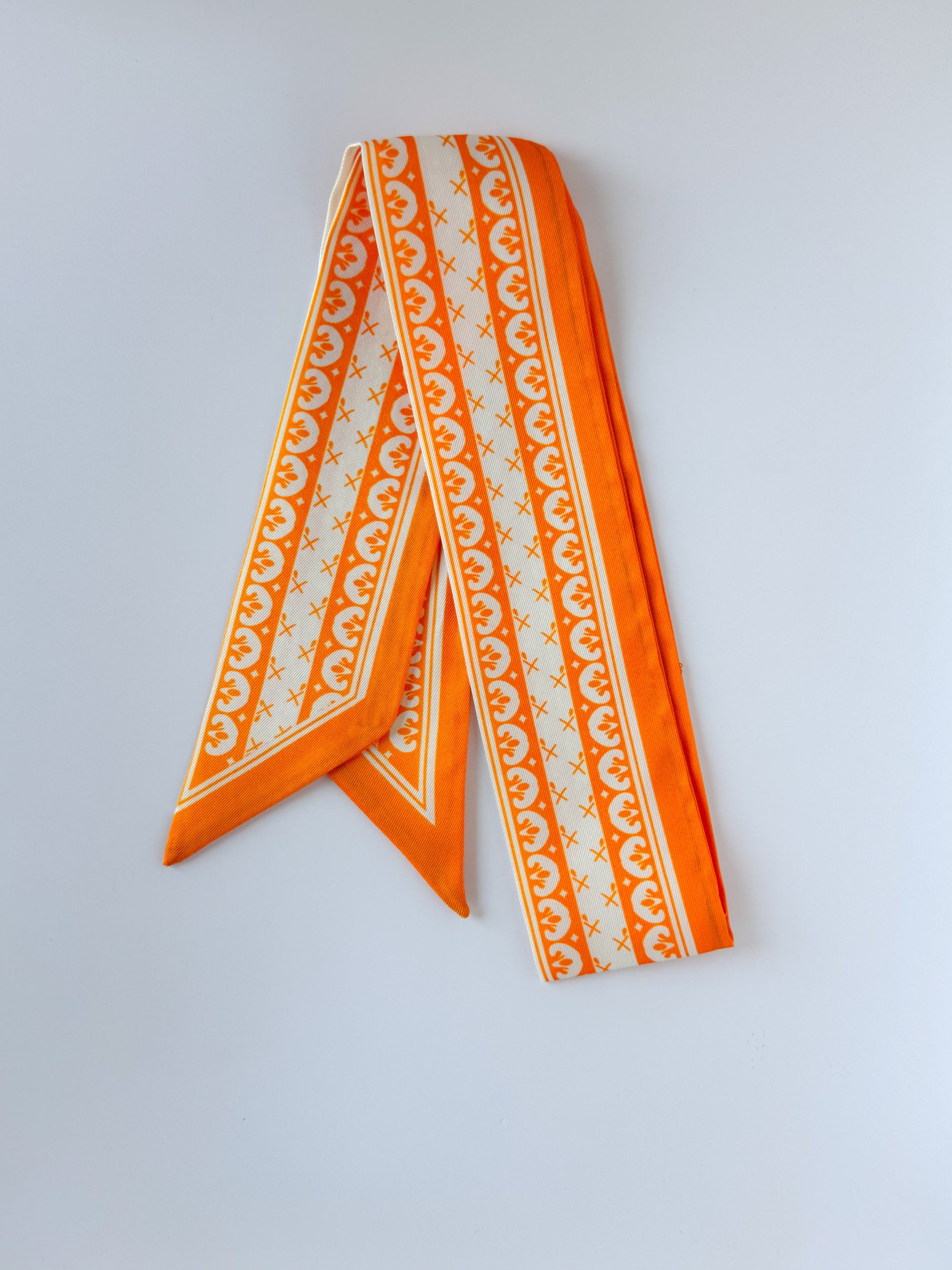 Orange and White Ribbon Twilly skinny scarf with vibrant prints