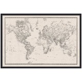 Framed vintage-style world map with intricate black line drawings on a white linen fabric background, bordered by a thin black frame.