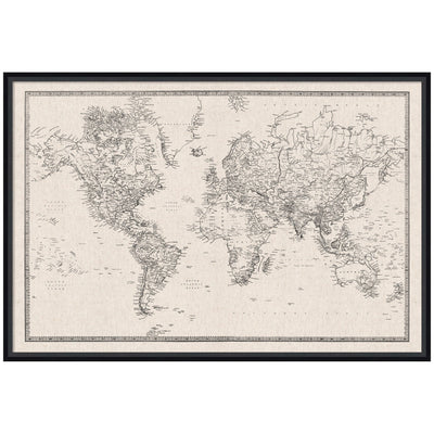 Framed Fabric Pinboard Vintage Black and White Linen World Map Wall Organization