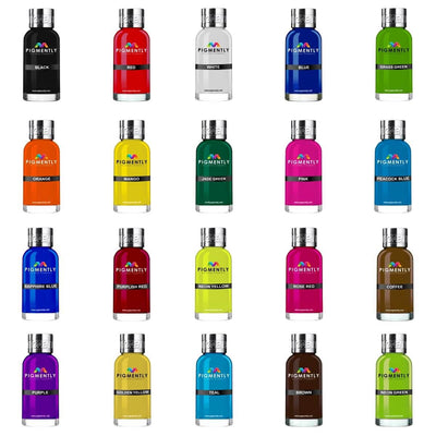 20 bottles of vibrant liquid epoxy resin dyes in various colors