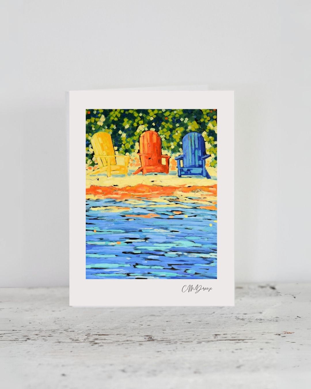 Notecard Summer's Pleasure showing crisp white linen textured paper with a coastal scene image