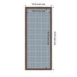 Rectangular framed fabric pinboard with light blue plaid pattern, showing 16x40 inch inner size and 18x42 inch outer frame dimensions in dark brown wood.