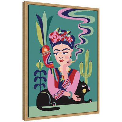 Framed canvas art titled 'Sylvie Frida Kahlo and the Black Cat' by Rachel Lee, showing colorful abstract depiction with a black cat.