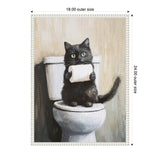 Painting of a black cat with green eyes sitting on a white toilet holding a roll of toilet paper in front of a beige wall, framed in white with measurements.