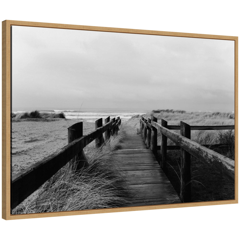 Black and white framed canvas print of coastal beach boardwalk by Patricia Hasz