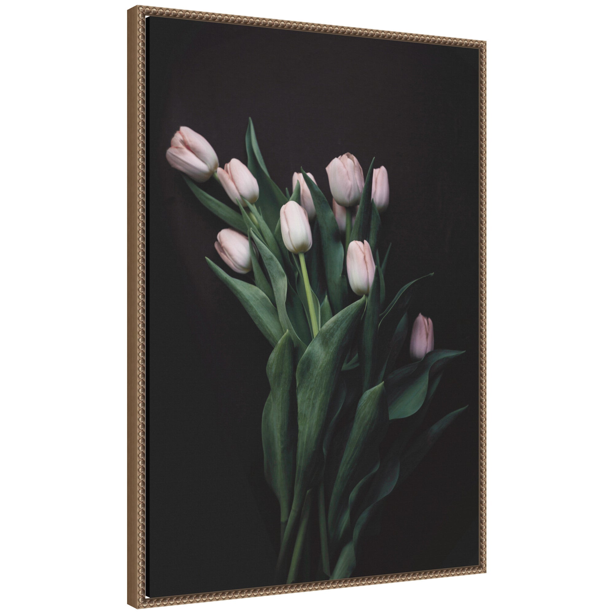 Blush Tulips framed canvas wall art featuring soft pink tulips in a beaded dark gold frame