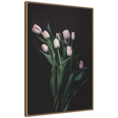 Blush Tulips framed canvas wall art featuring soft pink tulips in a beaded dark gold frame