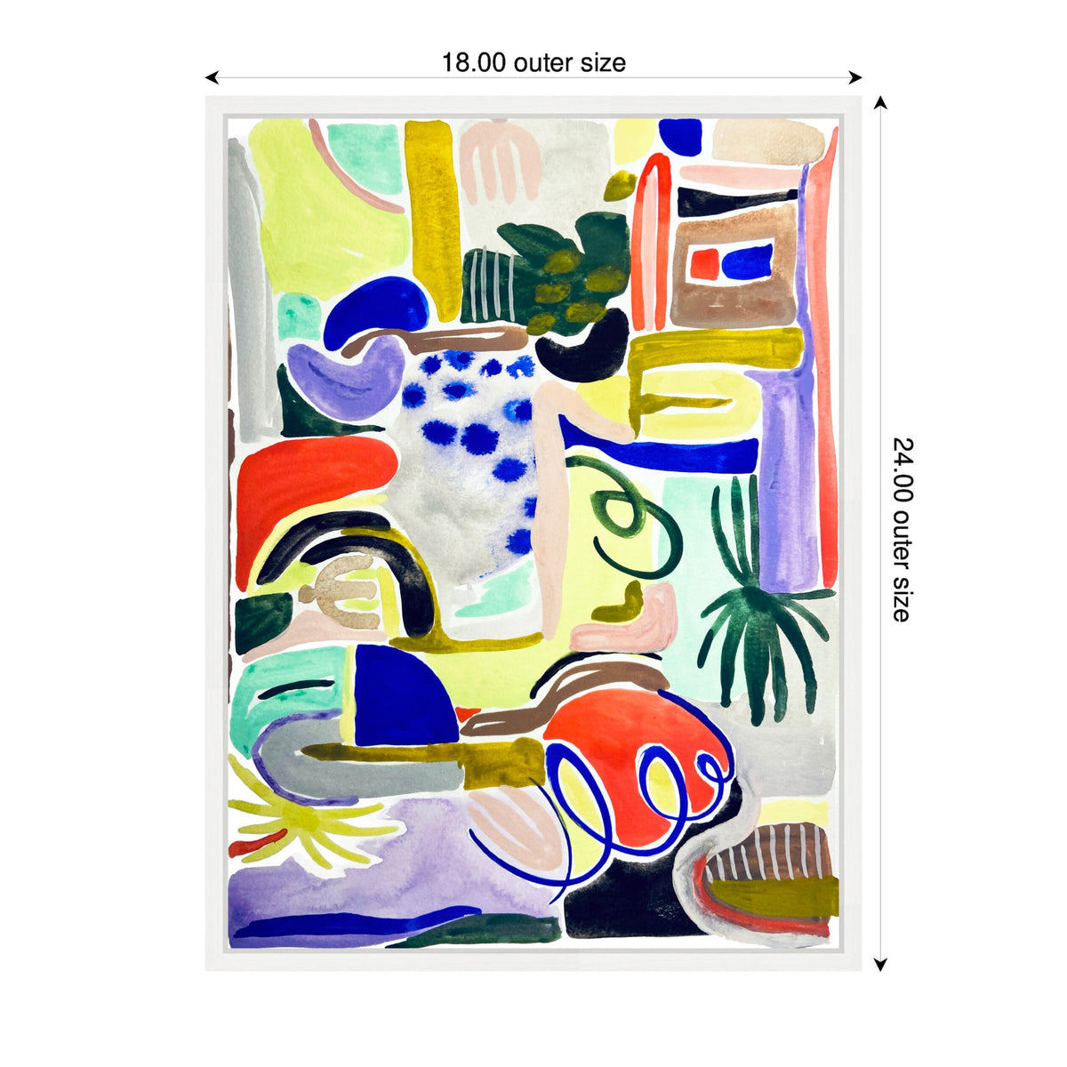 Colorful abstract painting with organic shapes and brushstrokes in blue, red, green, yellow, and purple on a light background, framed and measured 18 by 24 inches.