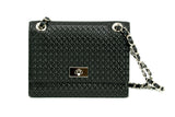 Black shoulder bag with diamond-patterned texture and silver turn-lock clasp, featuring a silver chain strap interwoven with black leather.