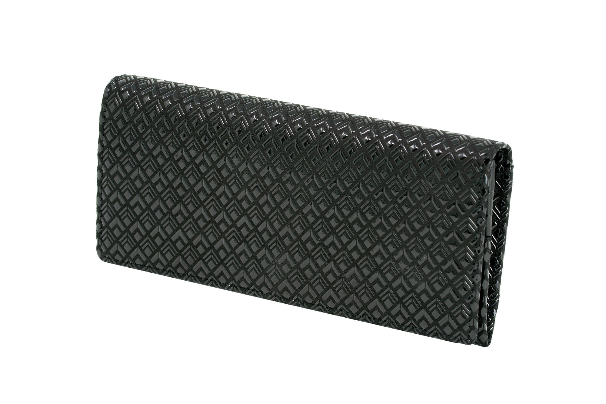 Long Wallet - Diamond Frame showing black deer leather exterior with diamond pattern and organized interior compartments with leather slots