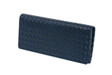 Rectangular long wallet in dark blue with an intricate diamond lattice pattern creating textured surface detail, shown at a slight angle in front of a white background.