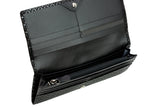 Open long black wallet with multiple card slots, a zippered coin compartment, and textured diamond-patterned exterior edges.