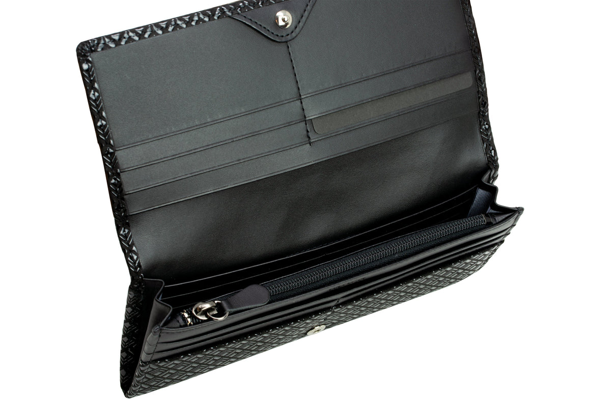 Open long black wallet with multiple card slots, a zippered coin compartment, and textured diamond-patterned exterior edges.