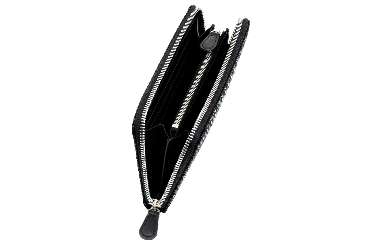 Top view of a large black zippered coin purse with a diamond-patterned frame and multiple internal compartments, showing two silver zippers partially open.
