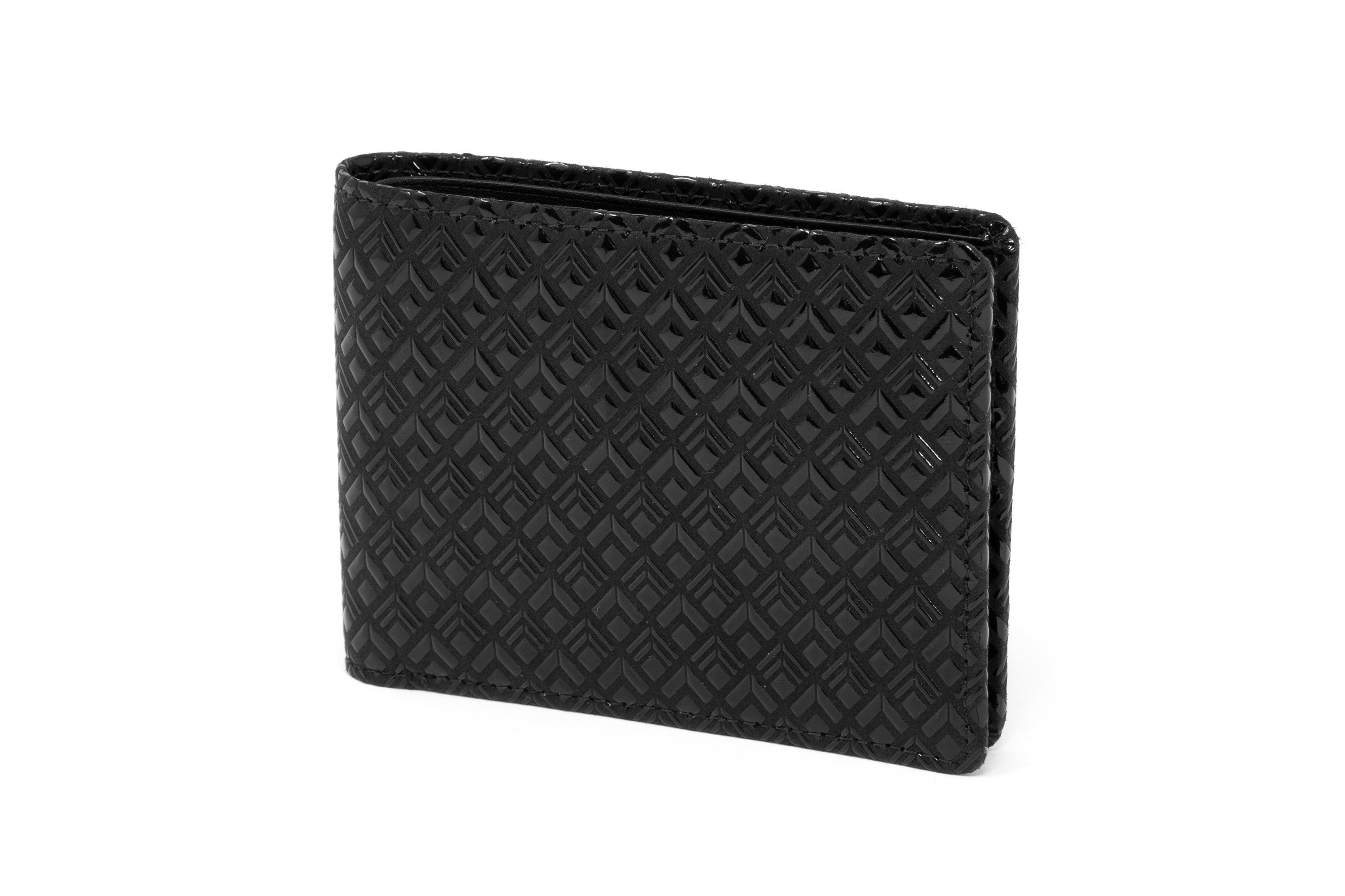 Men's folded wallet in black and navy with diamond pattern, shown closed and open