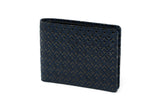 Folded men's wallet with dark navy leather embossed with a geometric diamond pattern, shown standing upright on a white background.