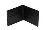 Black leather bifold wallet with six card slots and blue diamond-patterned fabric trim on edges, shown open against a white background.