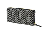 Black zippered long wallet with a repeating white chevron pattern and gold zipper, photographed against a white background.