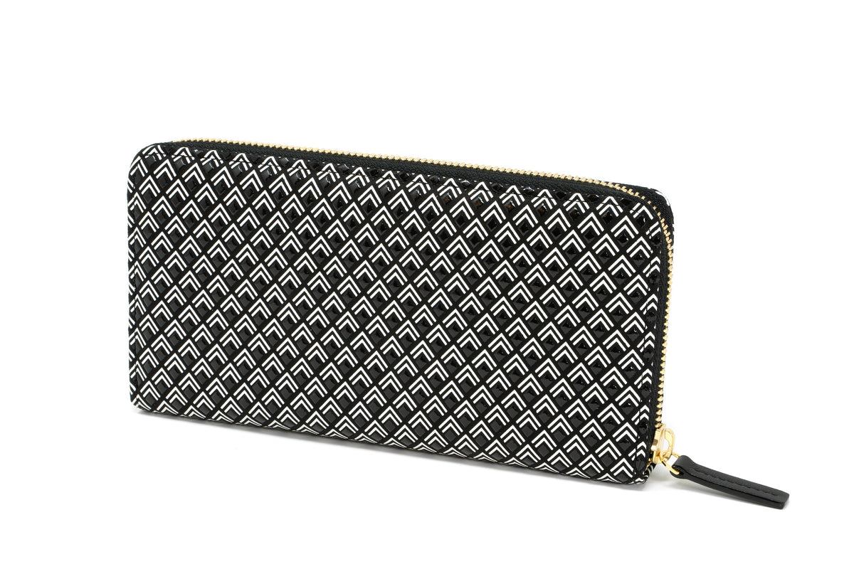 Black zippered long wallet with a repeating white chevron pattern and gold zipper, photographed against a white background.