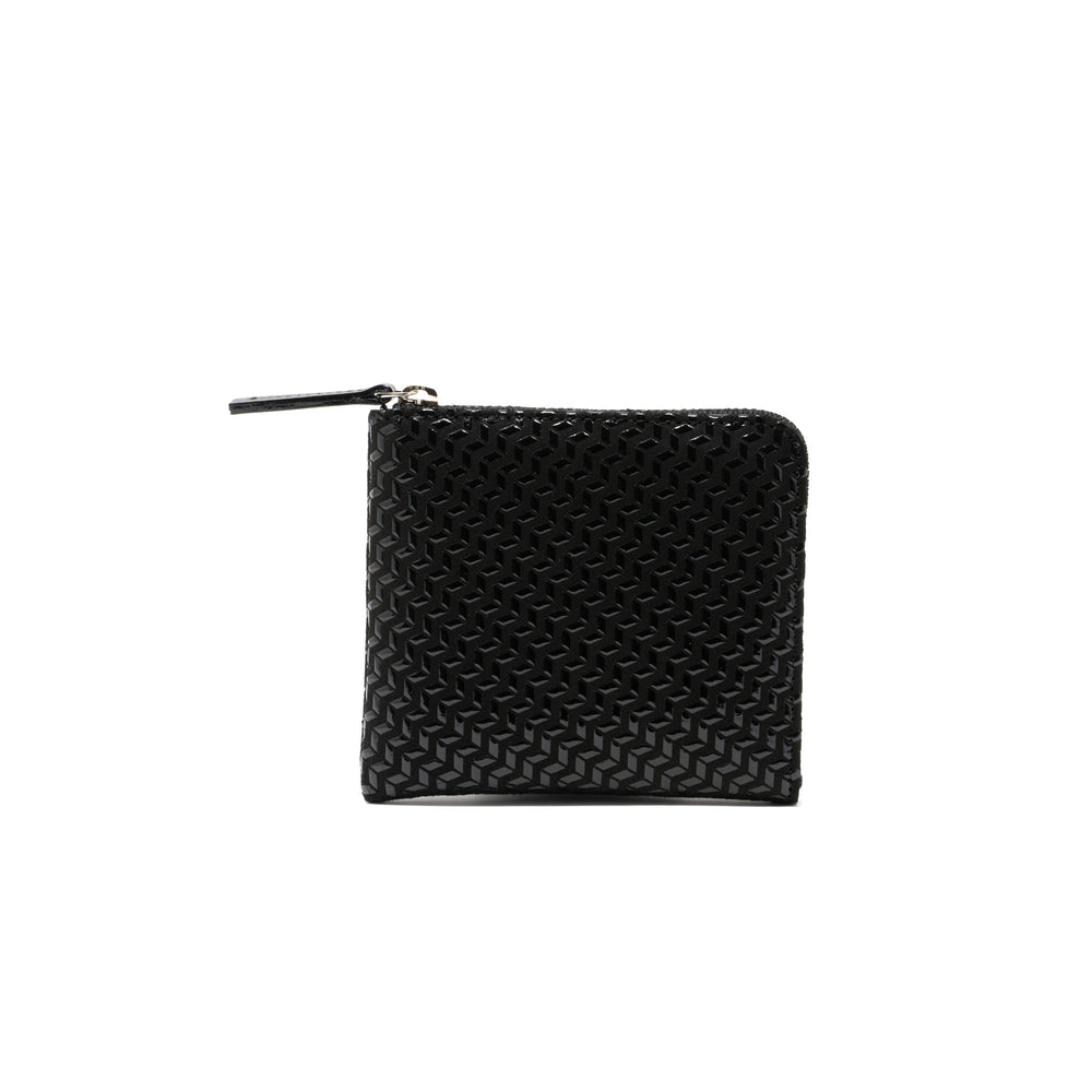 Zipped Coin Purse (Large) - Chevron-S by Inden in Black x Black, shown from front and back with chevron pattern and zipper