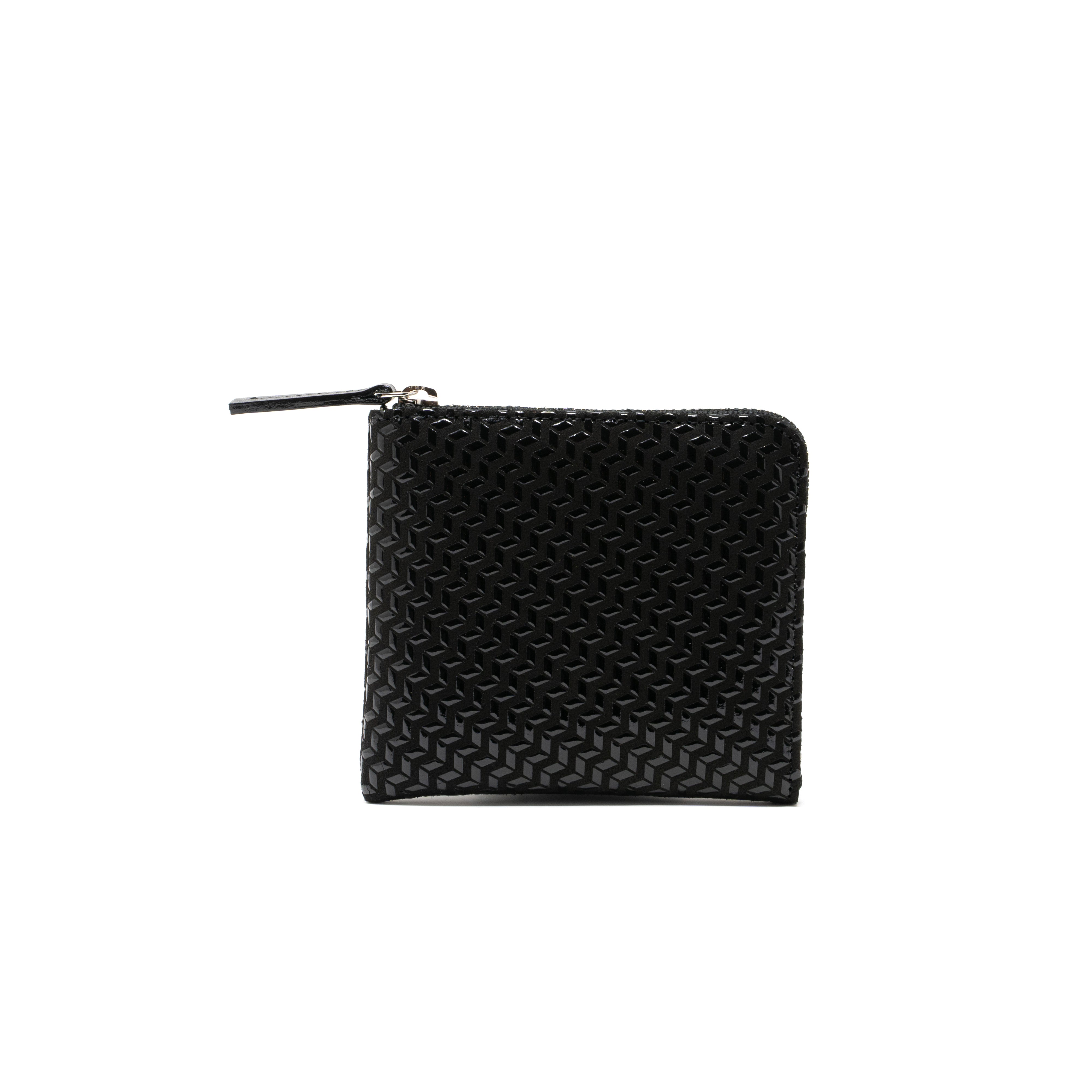 Zipped Coin Purse (Large) - Chevron-S by Inden in Black x Black, shown from front and back with chevron pattern and zipper