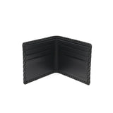 Open narrow men's folded wallet in black leather with woven textured edges and six visible card slots on smooth inner panels.