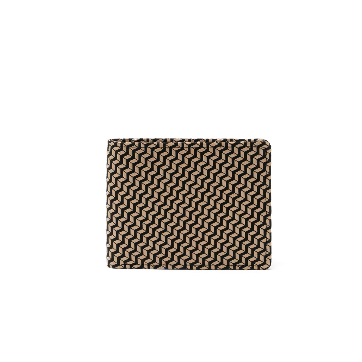 Men's narrow folded wallet with a repeating beige and black 3D chevron cube pattern on its exterior, shown front-facing on a white background.