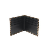 Black bi-fold wallet with six card slots, bordered by a beige and black chevron pattern around the edges, shown open on a white background.