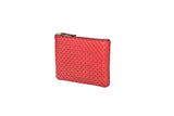 Rectangular red zippered key case with repeating geometric pattern of overlapping circles creating a petal design, shown against white background.
