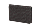 Dark brown leather business card case with an embossed diamond pattern, shown standing upright at a slight angle on a white background.