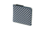 Small rectangular zipped coin purse with a dark blue and white geometric chevron pattern, featuring a silver zipper along three edges and a black zipper pull tab.
