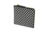 Zipped Coin Purse (Large) in Black x White with diamond White Frame pattern by Inden, shown closed and open.