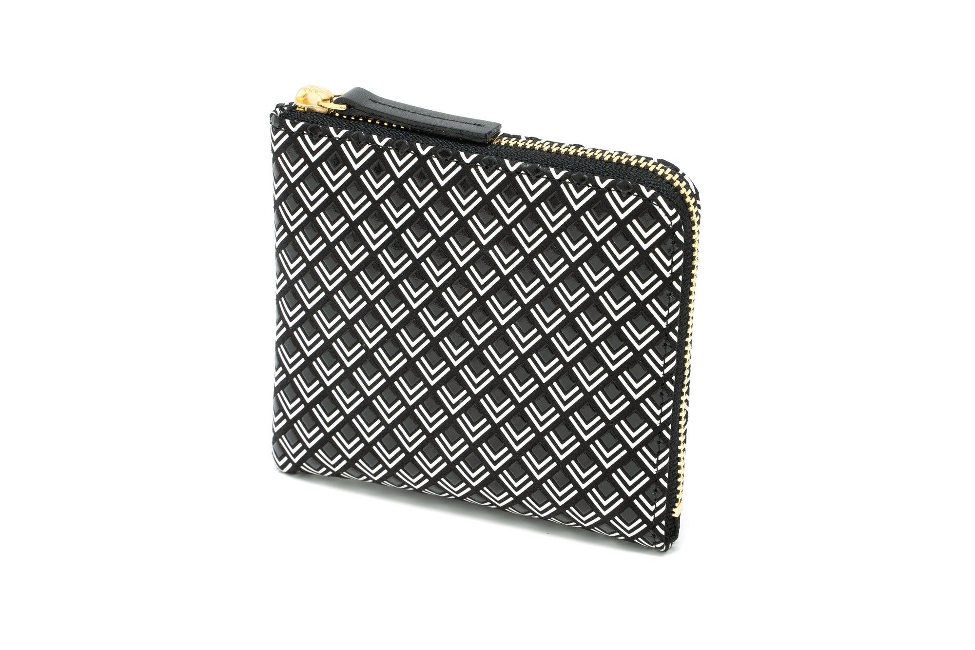 Zipped Coin Purse (Large) in Black x White with diamond White Frame pattern by Inden, shown closed and open.