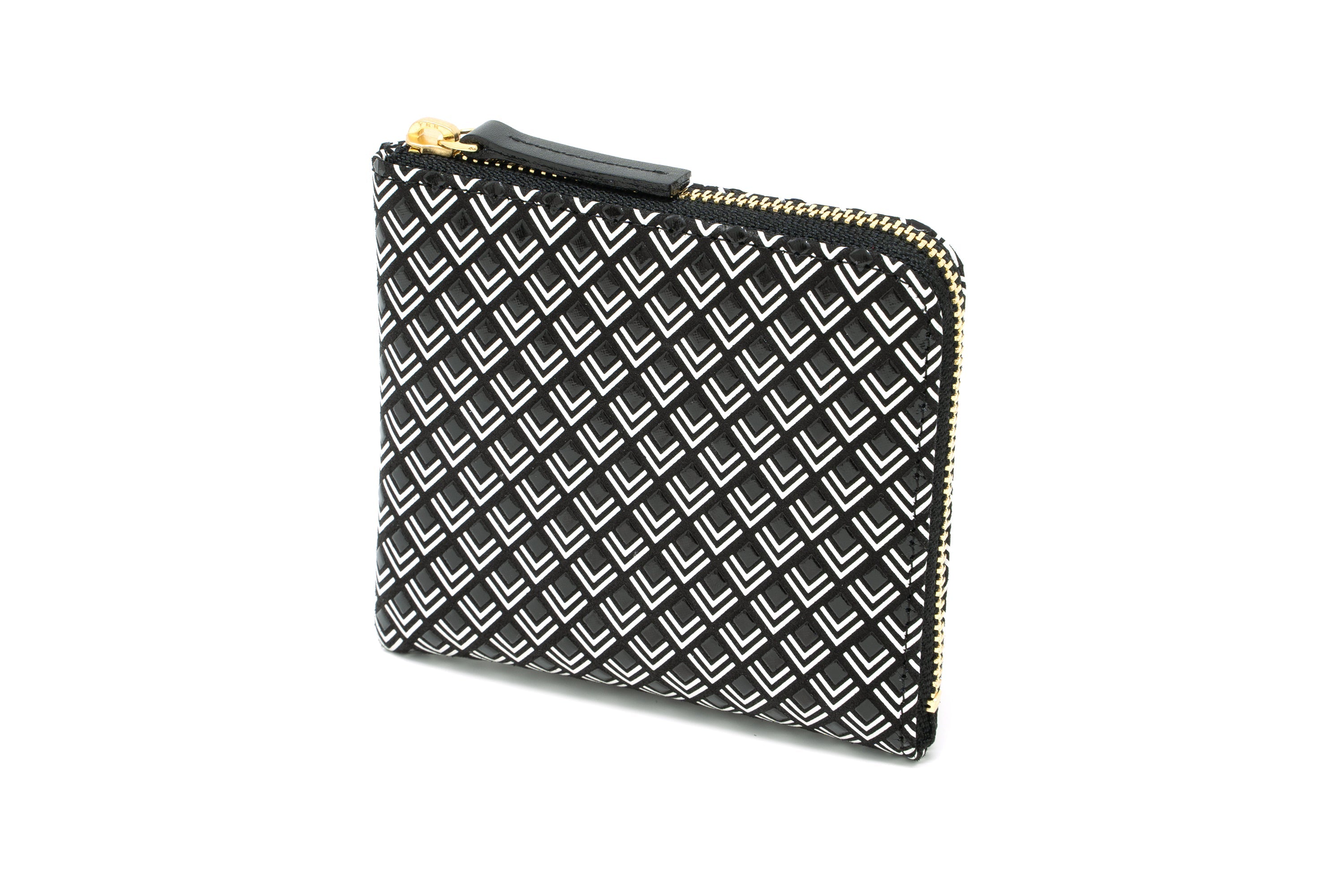 Zipped Coin Purse (Large) in Black x White with diamond White Frame pattern by Inden, shown closed and open.