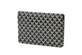 Rectangular black business card case with repeating white chevron pattern facing forward on white background.