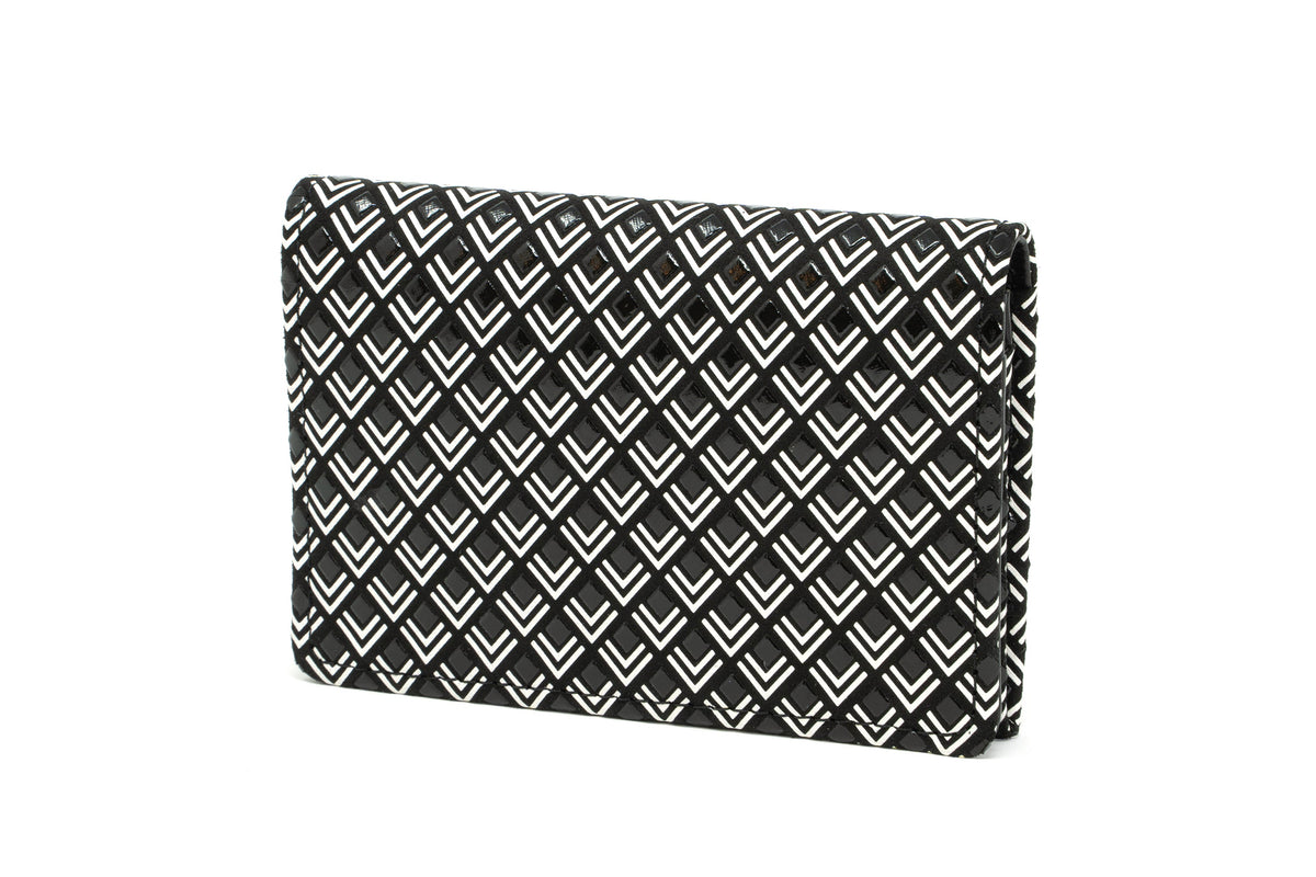 Rectangular black business card case with repeating white chevron pattern facing forward on white background.