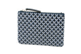 Rectangular navy key case with white chevron pattern and silver zipper pull on a white background.