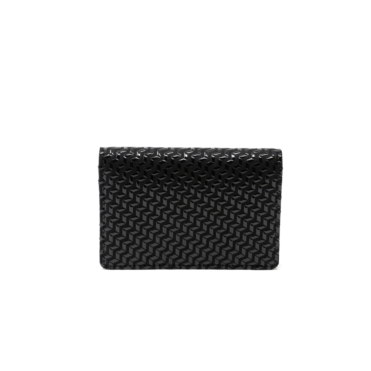 Black rectangular business card case with a textured chevron pattern creating a three-dimensional geometric effect on its surface.