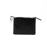 Small rectangular black key case with a textured chevron pattern, zippered top, and a metal key ring attached to one corner.