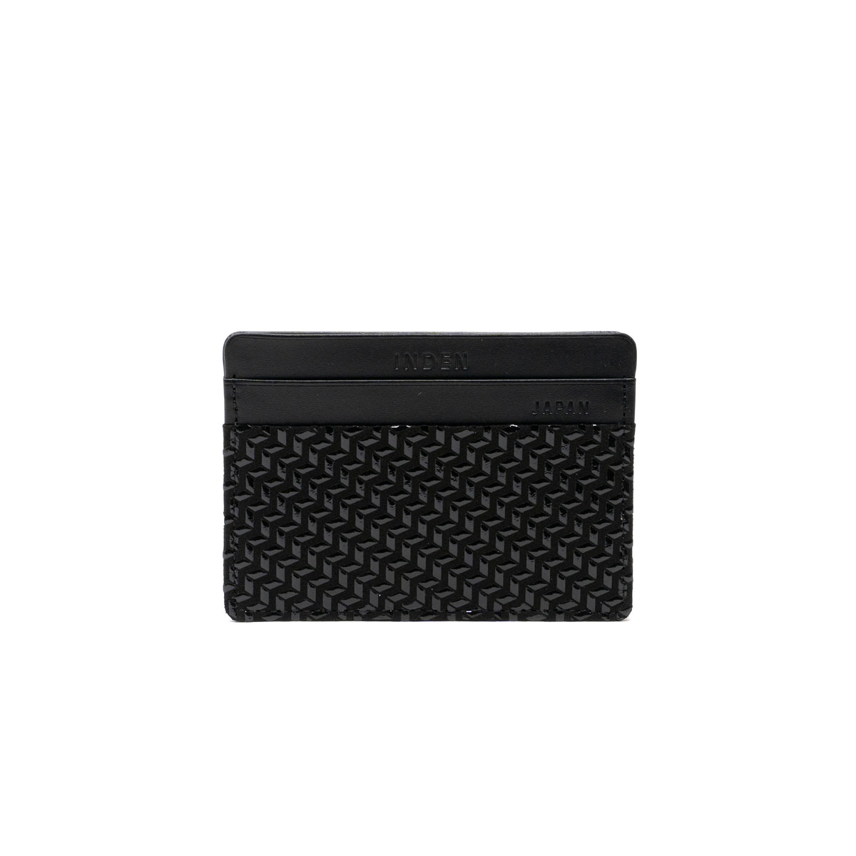 Black card case with a textured chevron geometric pattern on the lower portion and smooth upper section with embossed text, front view on white background.