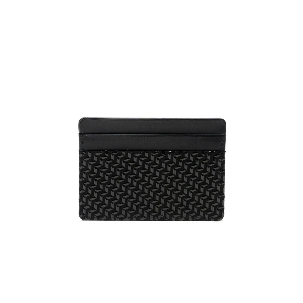 Black x Ivory Card Case Chevron-S by Inden, showing chevron pattern and lacquered deer skin leather