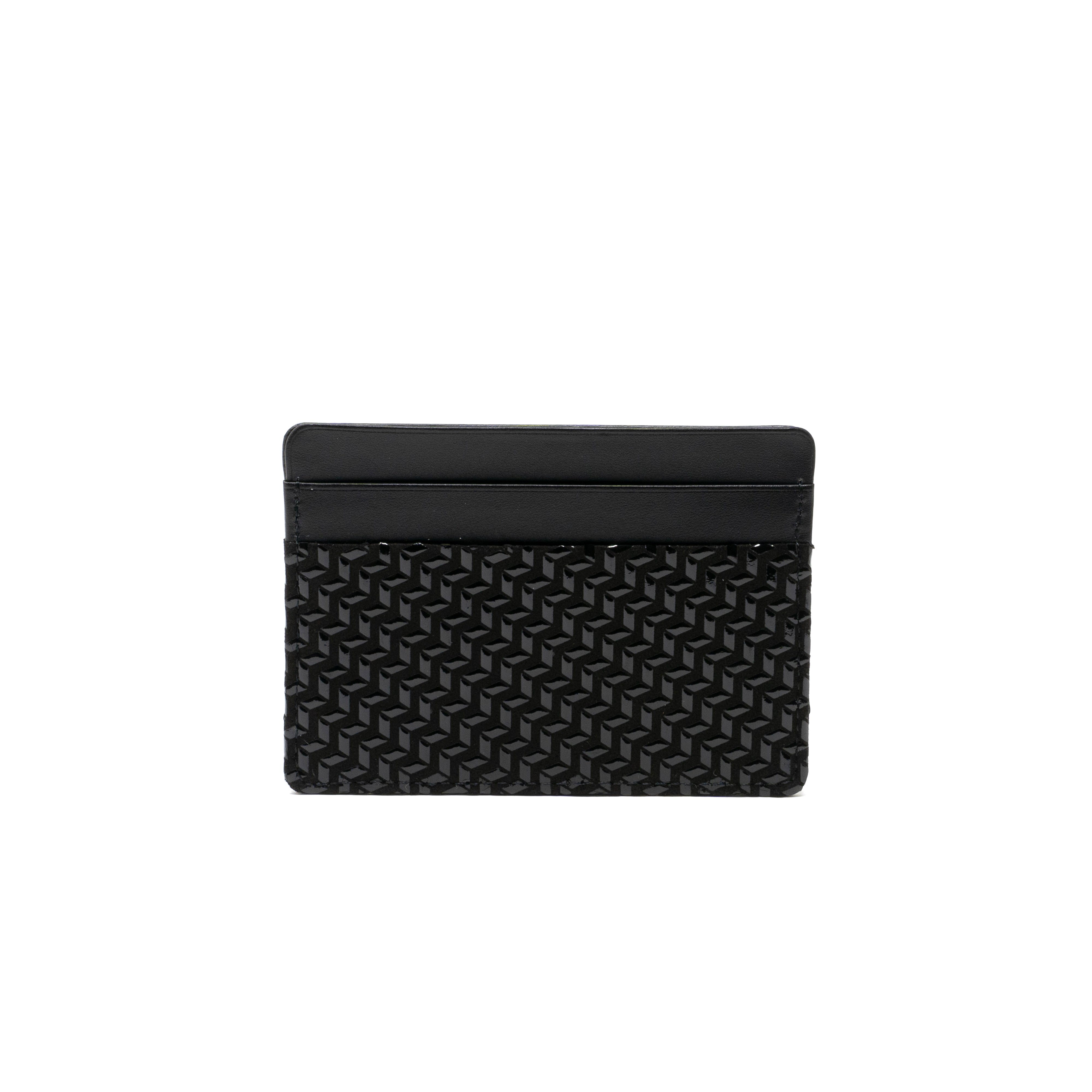 Black x Ivory Card Case Chevron-S by Inden, showing chevron pattern and lacquered deer skin leather